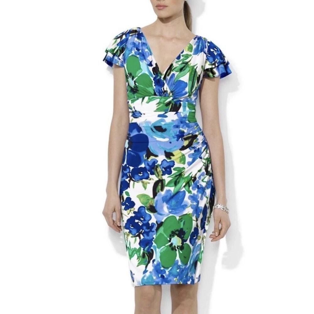 Lauren Ralph Lauren Floral Sheath Dress Women 6 Ruched Surplice Classic Stretch